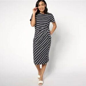 AnyBody Regular Tossed Stripe Cotton Knit Midi Dress - Black - Large